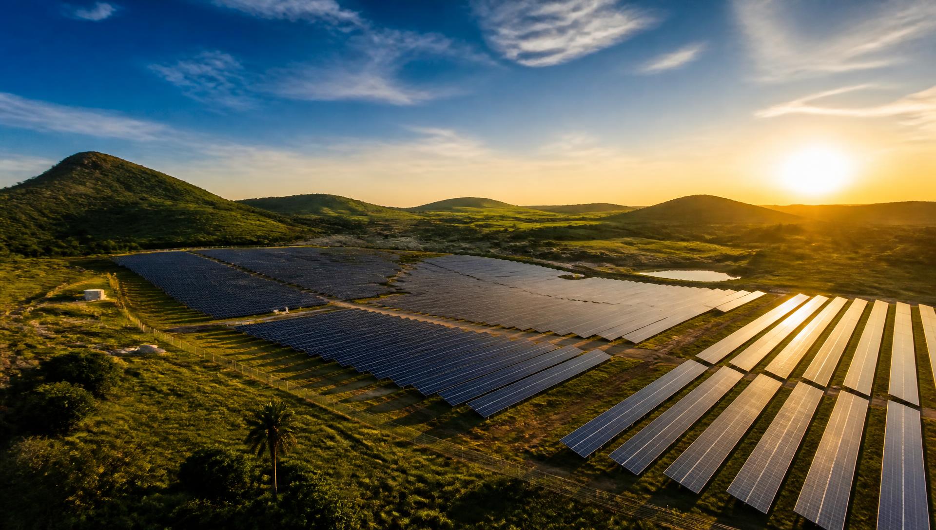 Fazenda solar com painéis fotovoltaicos ao amanhecer