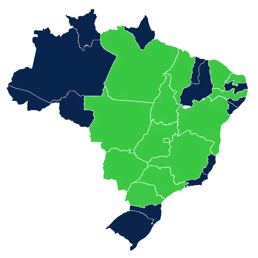 Mapa do Brasil com os estados atendidos pela JUENERGY destacados em verde